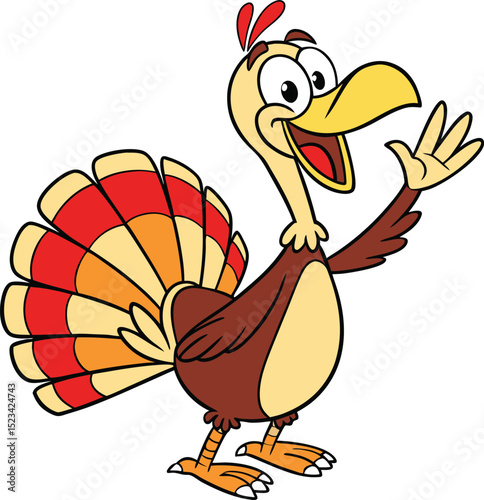Happy cartoon turkey waving hello thanksgiving bird