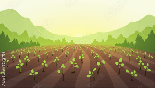 Plant field with mountain and trees