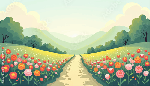 Flower field landscape with trees and mountains