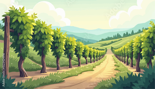 Vineyard Landscape with Trees, Hills and Dirt Path