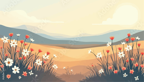 Flower field with mountain landscape illustration