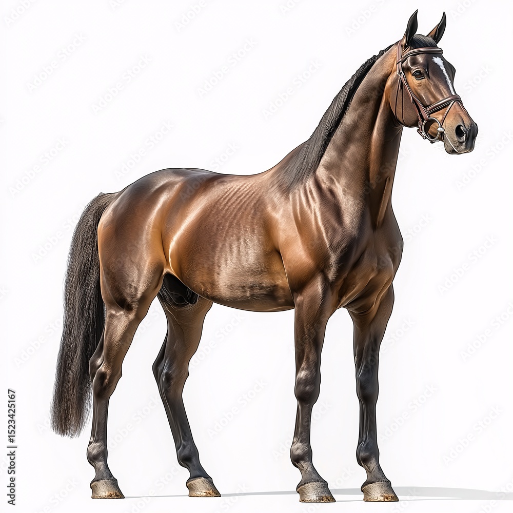 Obraz premium Majestic Brown Stallion Grazing on Ranch. Capturing the Beauty of Equine Wildlife in Stunning Portrait Photography