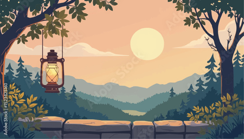Lantern Hanging at Sunset over Forest View