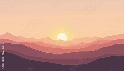 Mountain landscape with rising sun and layered hills