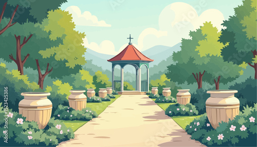 Cartoon Gazebo in Green Garden Landscape