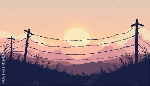 Barbed wire fence at sunset with mountains