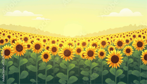 Sunflower field illustration with sky and cloud