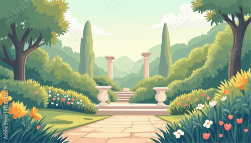Garden with Stone Path and Columns