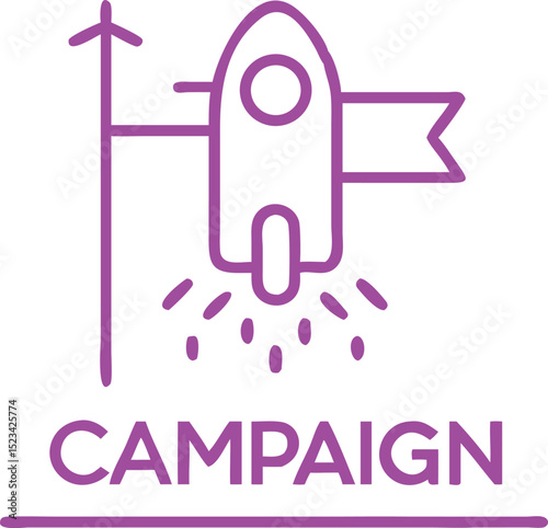 Campaign launch icon illustration depicting rocket taking off with flag and upward arrow