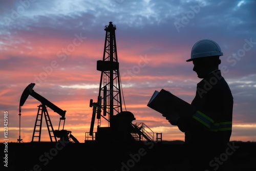 engineers and oilfields.oil drilling exploration. silhouette