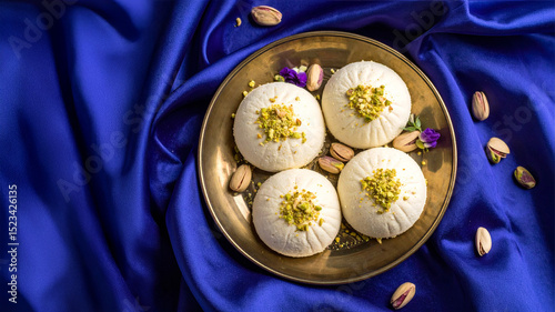Minimalist moon-like domes of creamy halva rest on deep ultramarine silk, dusted with fine pistachio powder. Their smooth, luminous surface and delicate shadows evoke a serene, celestial gourmet aesth