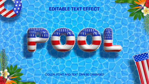 4th of july pool party 3d infalted editable text effect on pool water background with inflatables