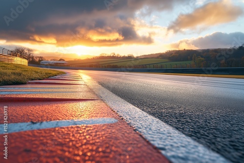 Scenic Asphalt Track at Sunset. Vibrant Landscape Photography with Colorful Sky and Racing Circuit Horizon