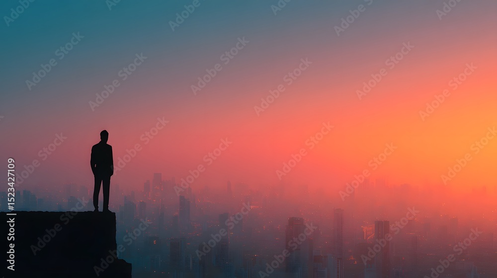 Fototapeta premium Silhouetted figure overlooking a vibrant cityscape at sunrisesunset