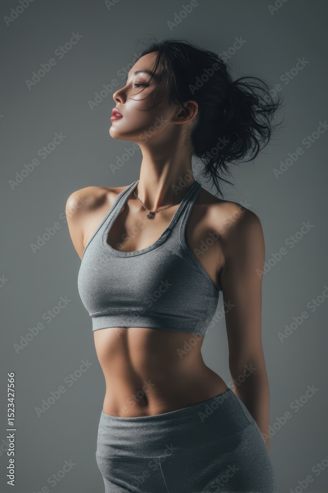 Fototapeta premium A woman is wearing a grey tank top and grey pants