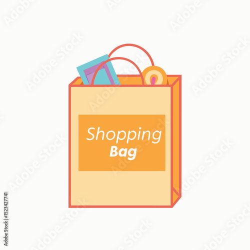 Flat design illustration of shopping bag with contents and orange banner