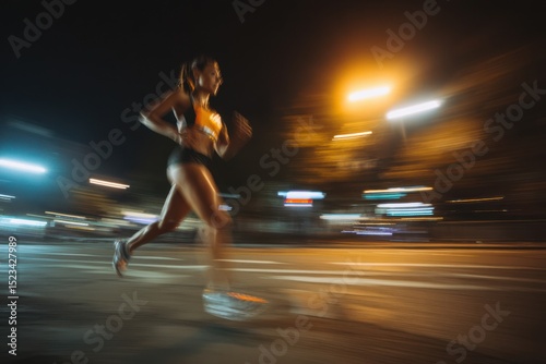 A woman running on a street at night