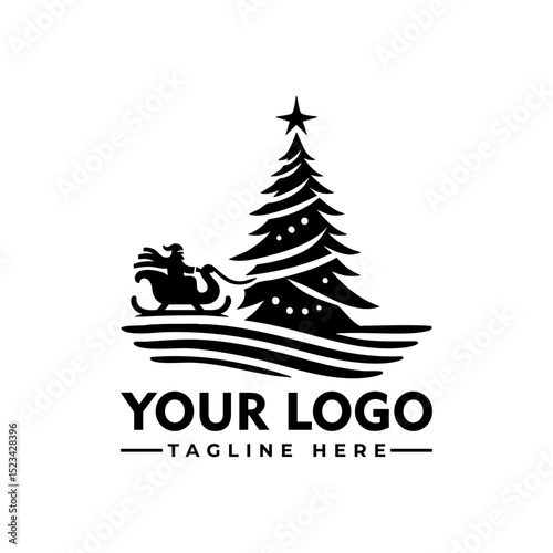 Santa Claus riding in sleigh beside Christmas tree in circular silhouette decorative holiday design. Christmas concept
