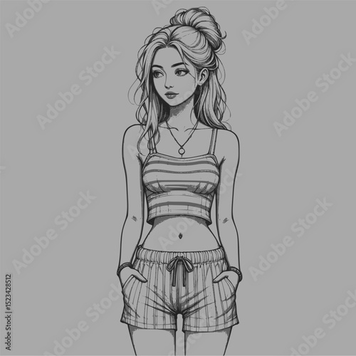 Summer girl. Stylized drawing of an young woman in casual summer outfit. EPS 10 version.