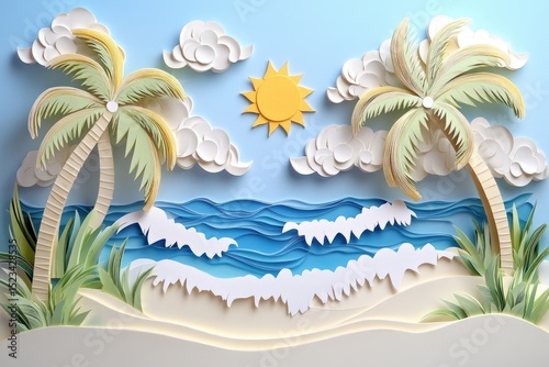 Papercraft beach scene with palm trees, sun, ocean waves and fluffy clouds