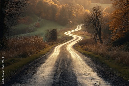 Scenic Autumn Road Curves. Tranquil Twilight Drive through Picturesque Nature Landscape photo