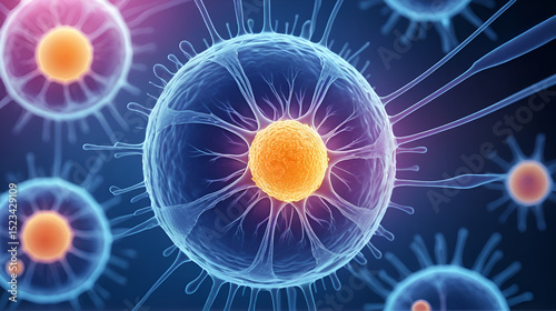 Embryonic stem cell under microscope glowing with cellular detail and soft blur with copy space. Soft light.Laboratory background.