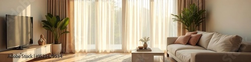 Elegant sheer curtains softly filtering sunlight in a bright living room, creating a serene and airy atmosphere Perfect for interior design and home decor blogs , sheer curtains, calm