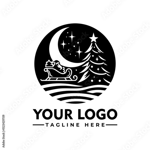 Santa Claus riding in sleigh beside Christmas tree in circular silhouette decorative holiday design. Christmas concept
