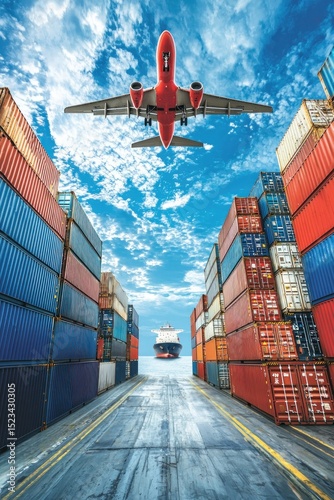 Cargo plane over shipping containers