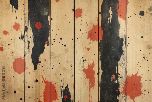 Rustic Wooden Planks with Textured Red and Black Paint Splatter Abstract Grunge Interior Design Background