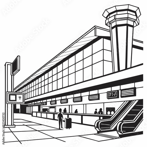 Airport terminal building with passengers and escalators