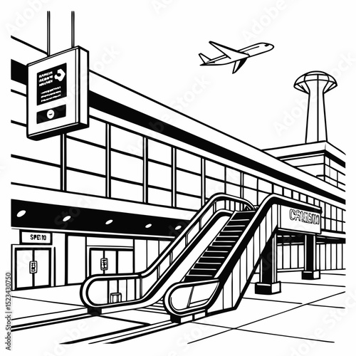 Airport escalator modern building travel airplane departure arrival