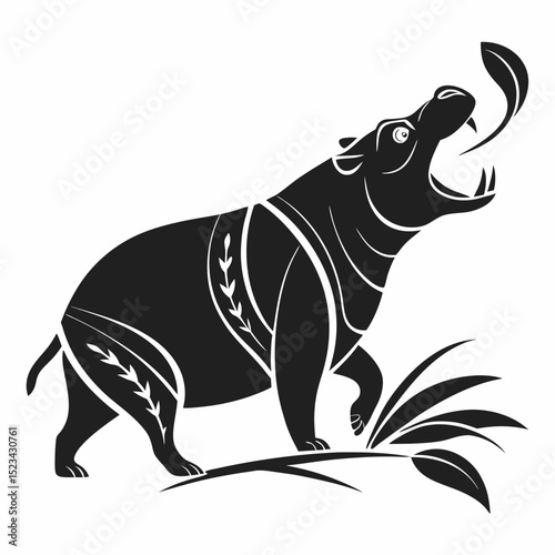 Stylized hippopotamus silhouette roaring with leaf