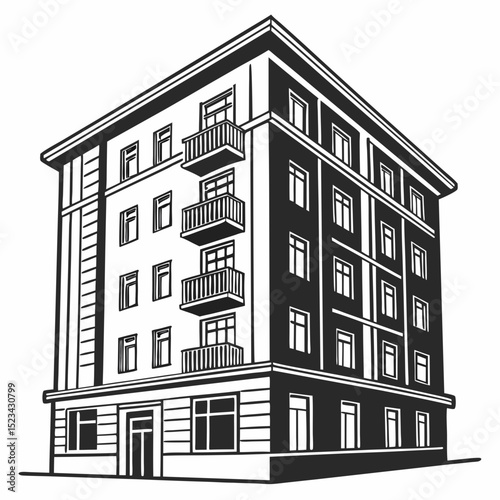 Black and white illustration of a multistory apartment building