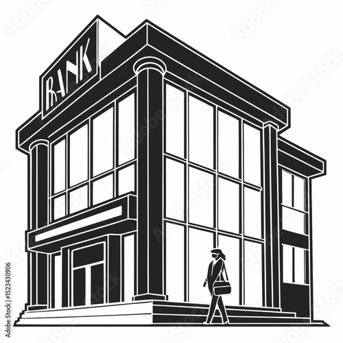 Woman walking past a classic bank building design