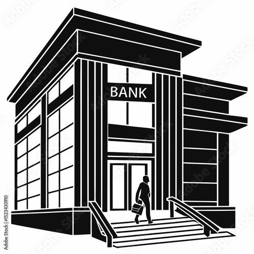 Modern bank building exterior silhouette man entering