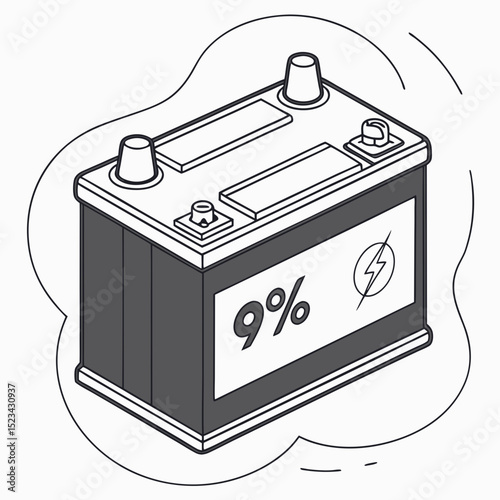 Car battery isometric illustration nine percent charge level