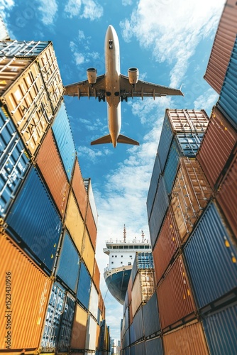 Cargo ship, plane, and containers