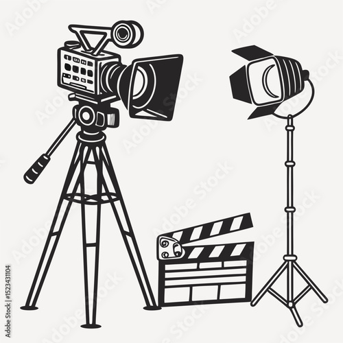 Professional filmmaking equipment icons isolated on white background