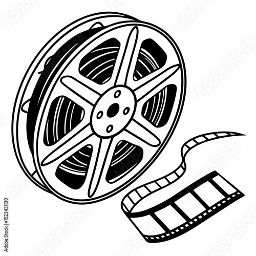 Professional film reel with film strip isolated on white background