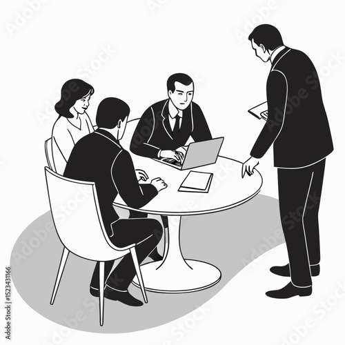 Business team meeting around table laptop discussion