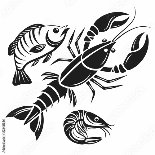 Seafood illustration black and white lobster fish shrimp design