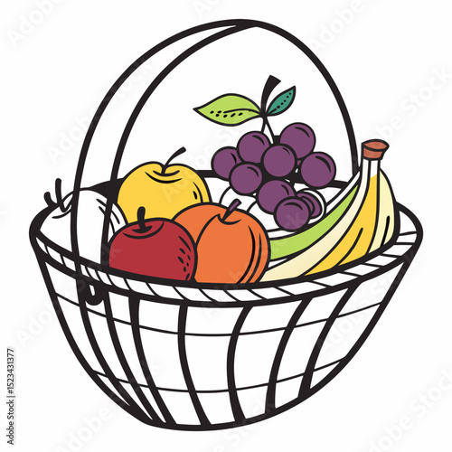Colorful fruit basket drawing apples grapes banana peach