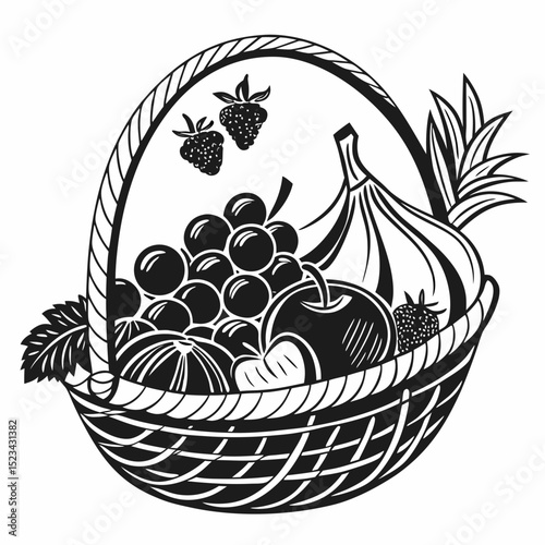 Wicker basket filled with fresh fruit grapes apples banana raspberries