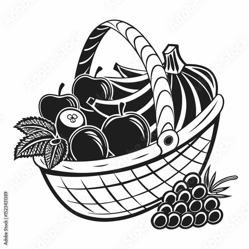 Wicker basket filled with fresh autumn harvest apples bananas grapes pumpkin