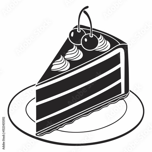 Delicious chocolate cake slice with cherries on plate
