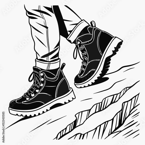 Hiking boots walking on rocky trail black and white illustration