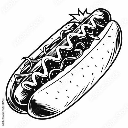 Delicious hot dog with mustard and onions vintage style illustration