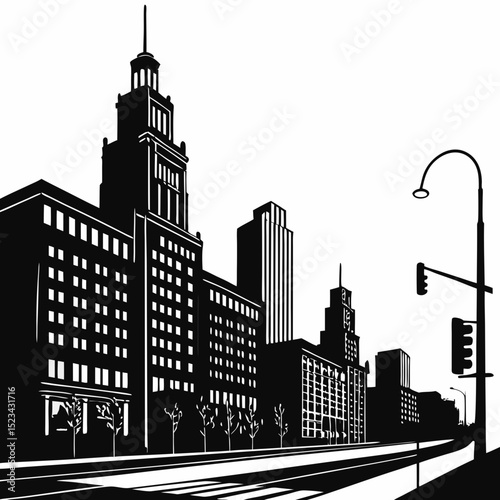 Cityscape silhouette black and white urban architecture buildings street