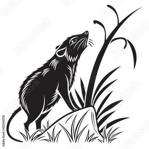 Black and white stylized rat illustration on rock